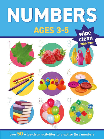 Children's educational book on numbers with colorful illustrations and a pen for activities.