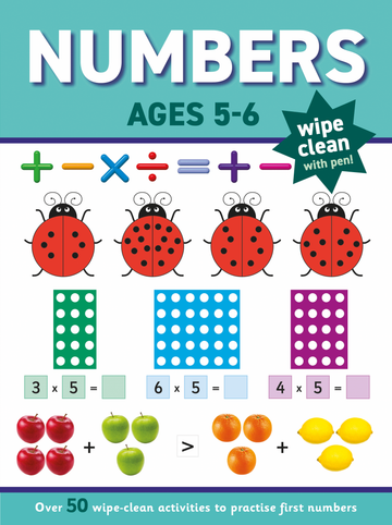 Educational book for numbers practice with ladybug and apple illustrations on a blue background.