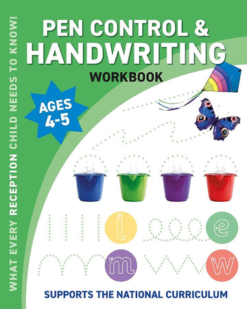 Pen control and handwriting workbook for ages 4-5 with colorful design and text.