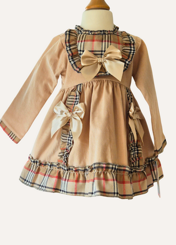 Girls Spanish Beige dress with plaid accents and large bows and frills