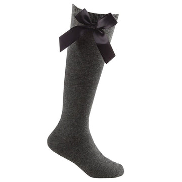 Gray knee-high sock with a black bow on a white background