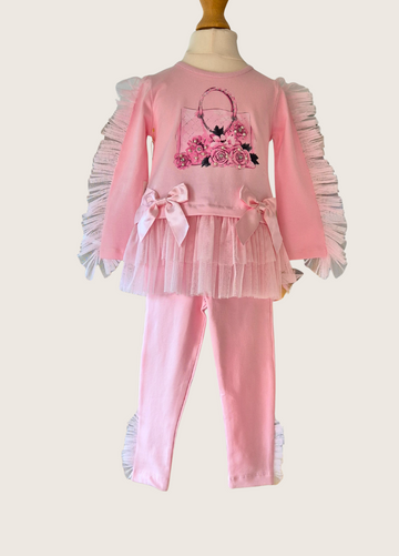 Girls Pink Frilly Top & Leggings Set with Bag – Neon Kids