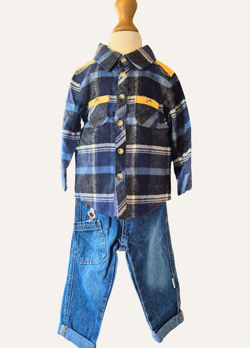 Boys 2 piece set with jeans and a blue and mustard checked shirt