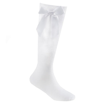 White knee-high sock with a bow on a white background