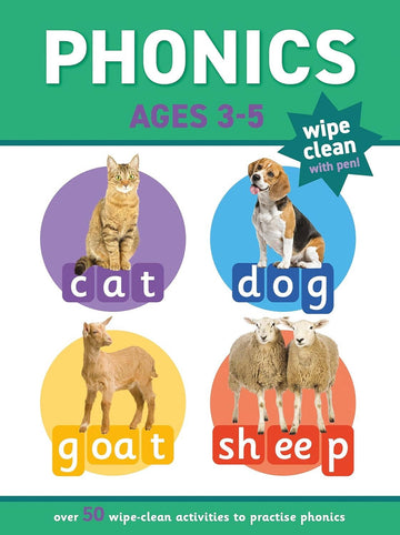 Book cover of 'Phonics Ages 3-5' with animals and words on a green background