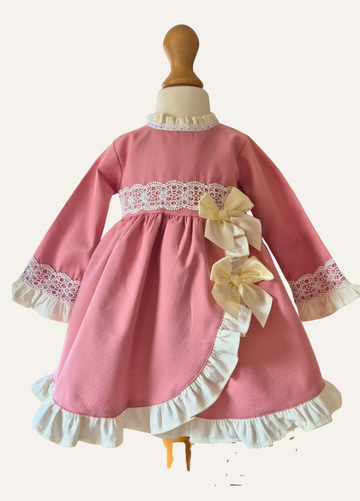 Dusk Pink Girls Spanish Frills and double bow dress