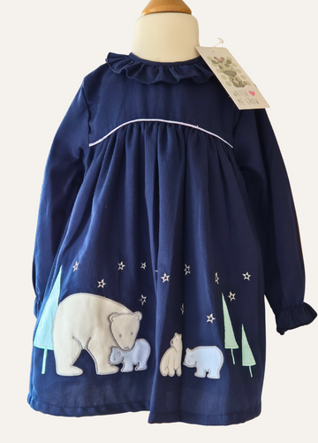 Girls’ Navy Needlecord Polar Bear Appliqué Dress - Watch Me Grow