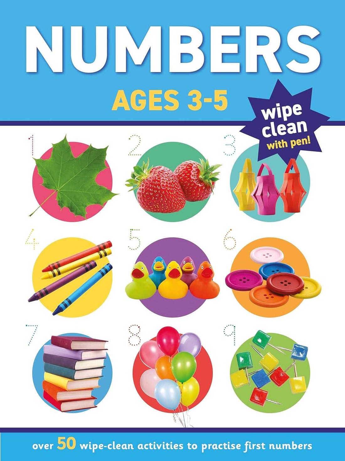 Children's educational book on numbers with colorful illustrations and a pen for activities.