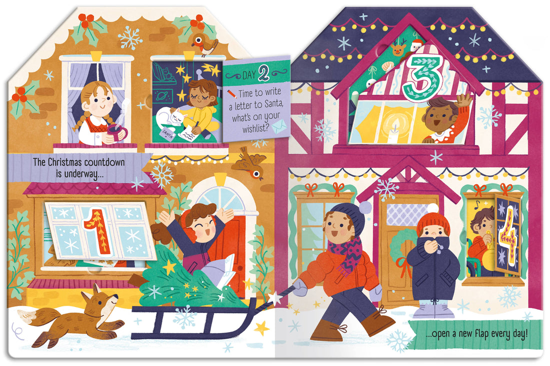 Children's book titled 'Christmas Village' with festive illustrations on a white background