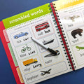 Open educational book with scrambled words and pictures on a blue background