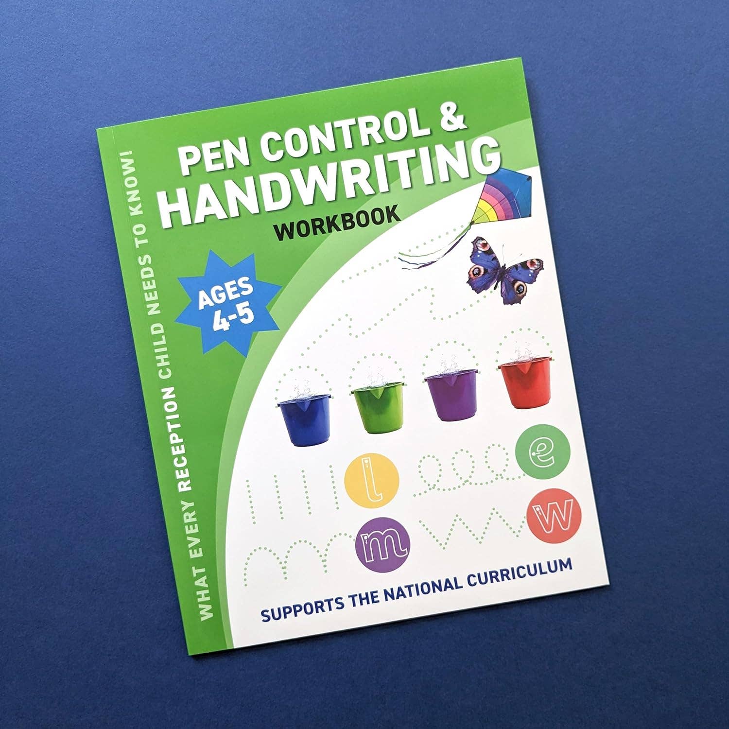 Workbook titled 'Pen Control & Handwriting' for ages 4-5 on a blue background