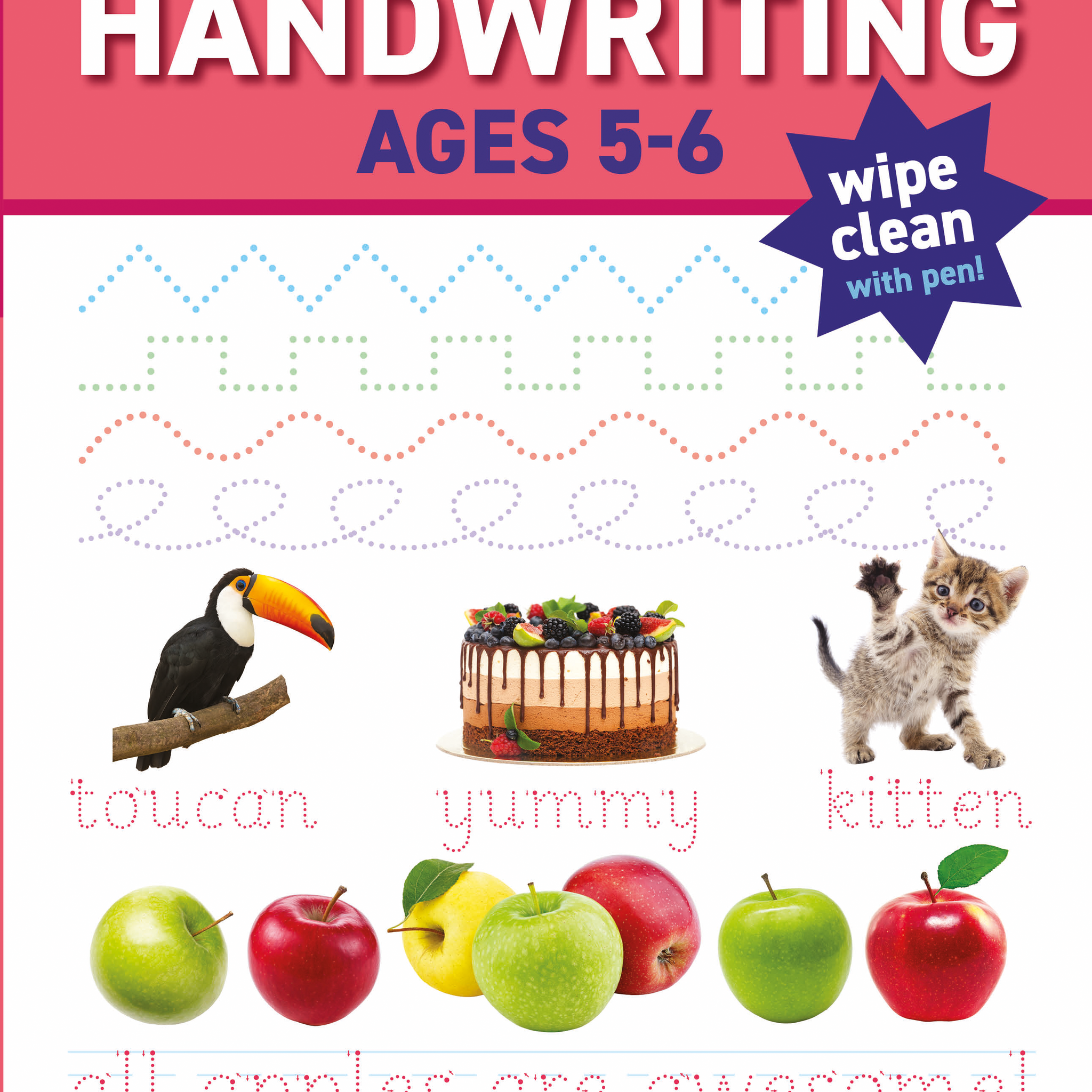 Workbook for pen control and handwriting practice with colorful illustrations on a red background.