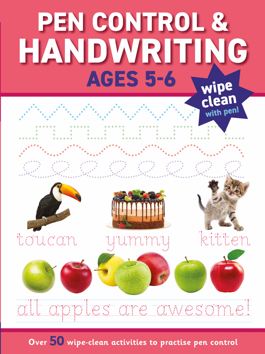 Workbook for pen control and handwriting practice with colorful illustrations on a red background.