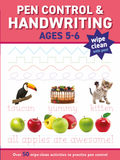 Workbook for pen control and handwriting practice with colorful illustrations on a red background.