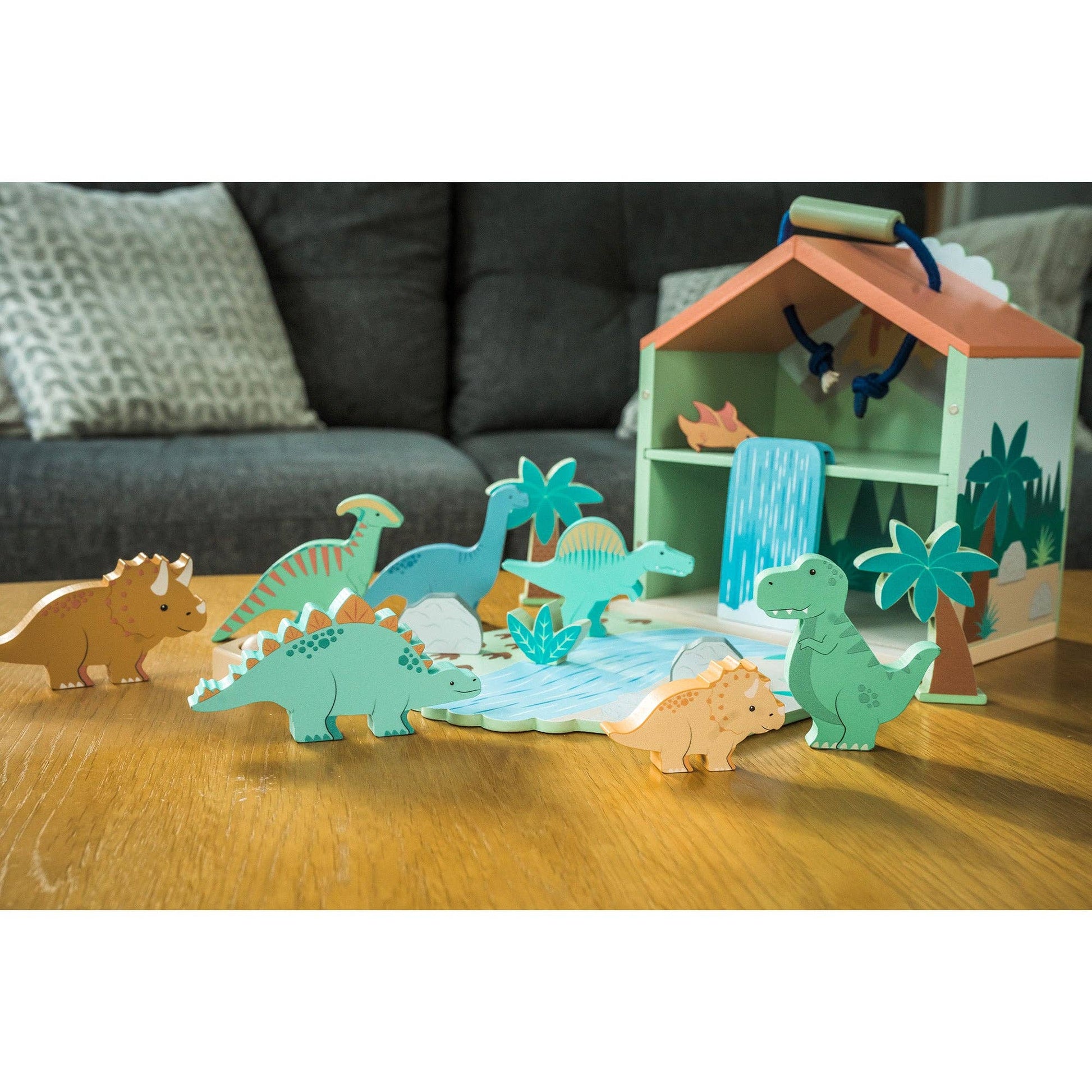 Wooden dinosaur adventure play set