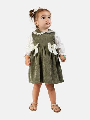 Girls Spanish Olive cord Pinafore dress with ribbons and matching blouse set