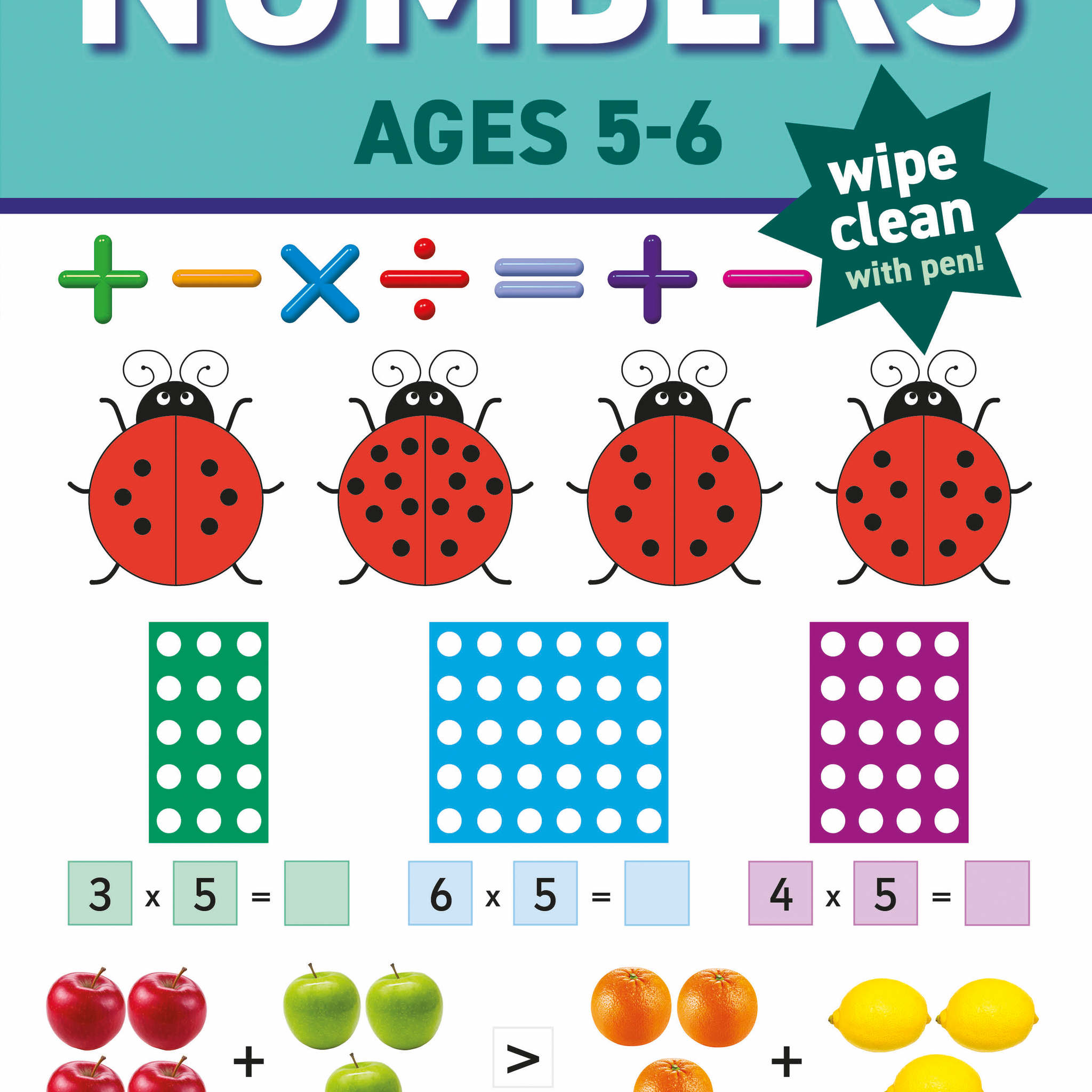 Educational book for numbers practice with ladybug and apple illustrations on a blue background.
