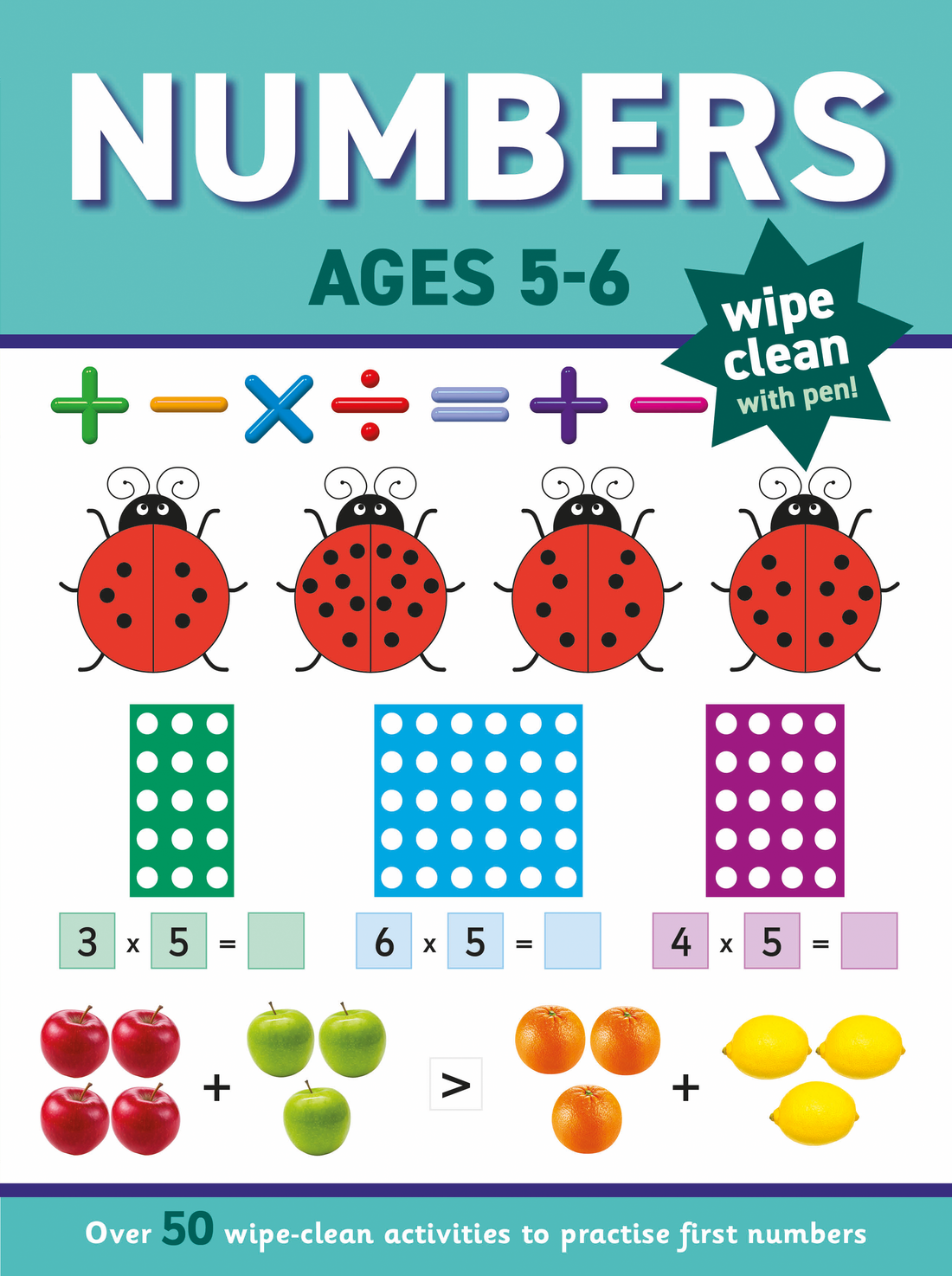 Educational book for numbers practice with ladybug and apple illustrations on a blue background.