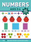 Educational book for numbers practice with ladybug and apple illustrations on a blue background.