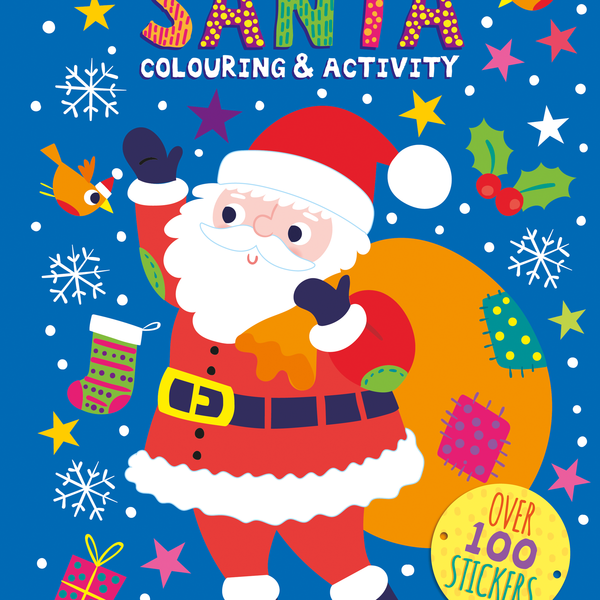 Book cover of 'Dress Me Up Santa' with a colorful illustration of Santa Claus, stickers, and festive elements on a blue background.