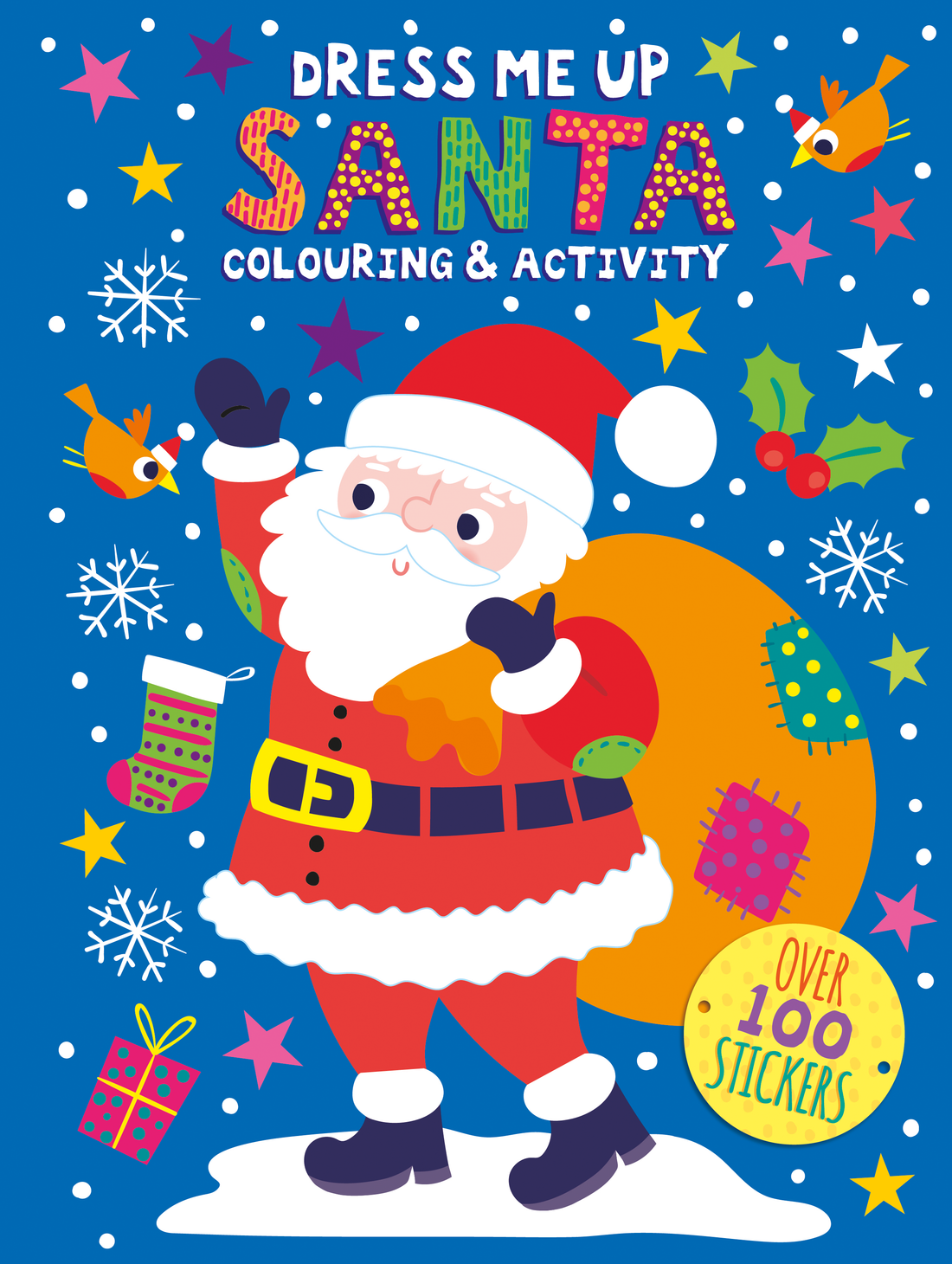Book cover of 'Dress Me Up Santa' with a colorful illustration of Santa Claus, stickers, and festive elements on a blue background.