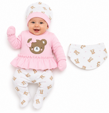 Girls pink 5 piece teddy bear set with frilled top hat mittens and bib