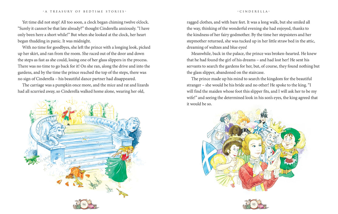 Book cover of 'A Treasury of Bedtime Stories' with colorful illustrations and text.