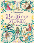Book cover of 'A Treasury of Bedtime Stories' with colorful illustrations and text.