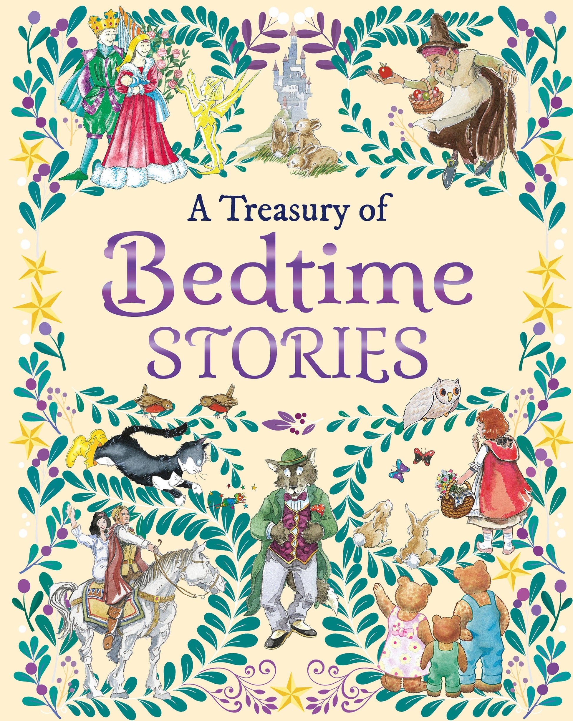 Book cover of 'A Treasury of Bedtime Stories' with colorful illustrations and text.