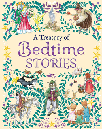 Book cover of 'A Treasury of Bedtime Stories' with colorful illustrations and text.
