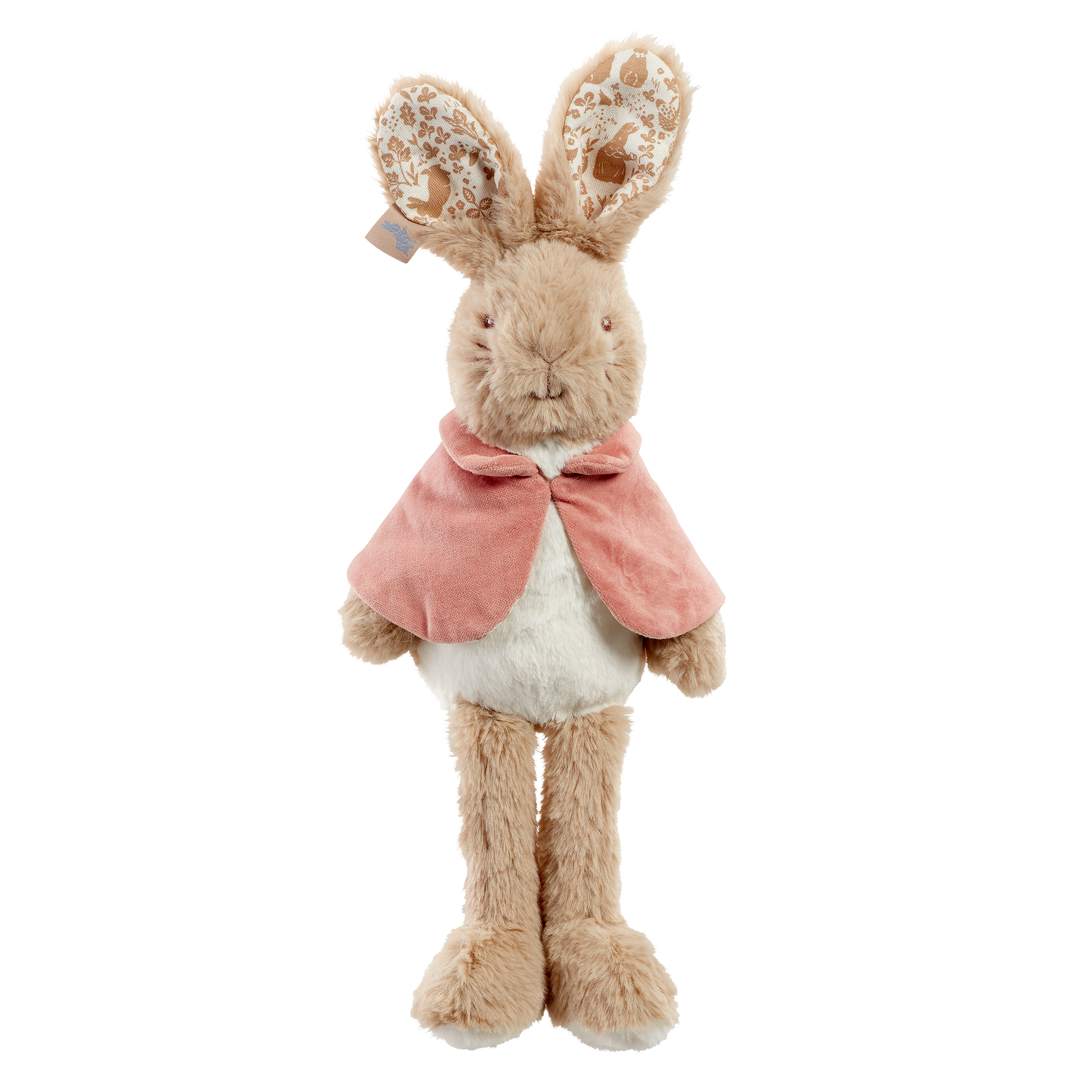 Plush Flopsy rabbit toy with a pink cape on a white background