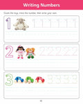 Educational worksheet for writing numbers with toys and tracing lines.