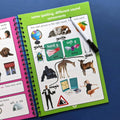 Educational book with colorful illustrations and text on a blue background