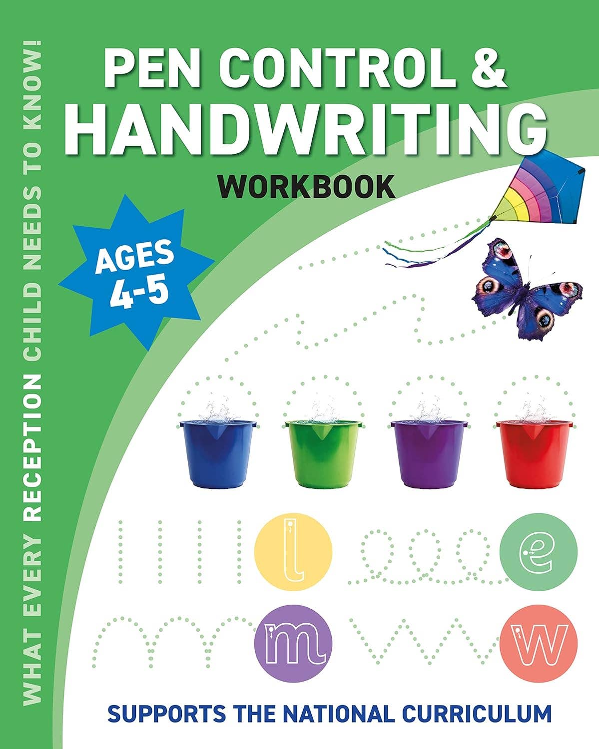 Pen control and handwriting workbook for ages 4-5 with colorful design and text.