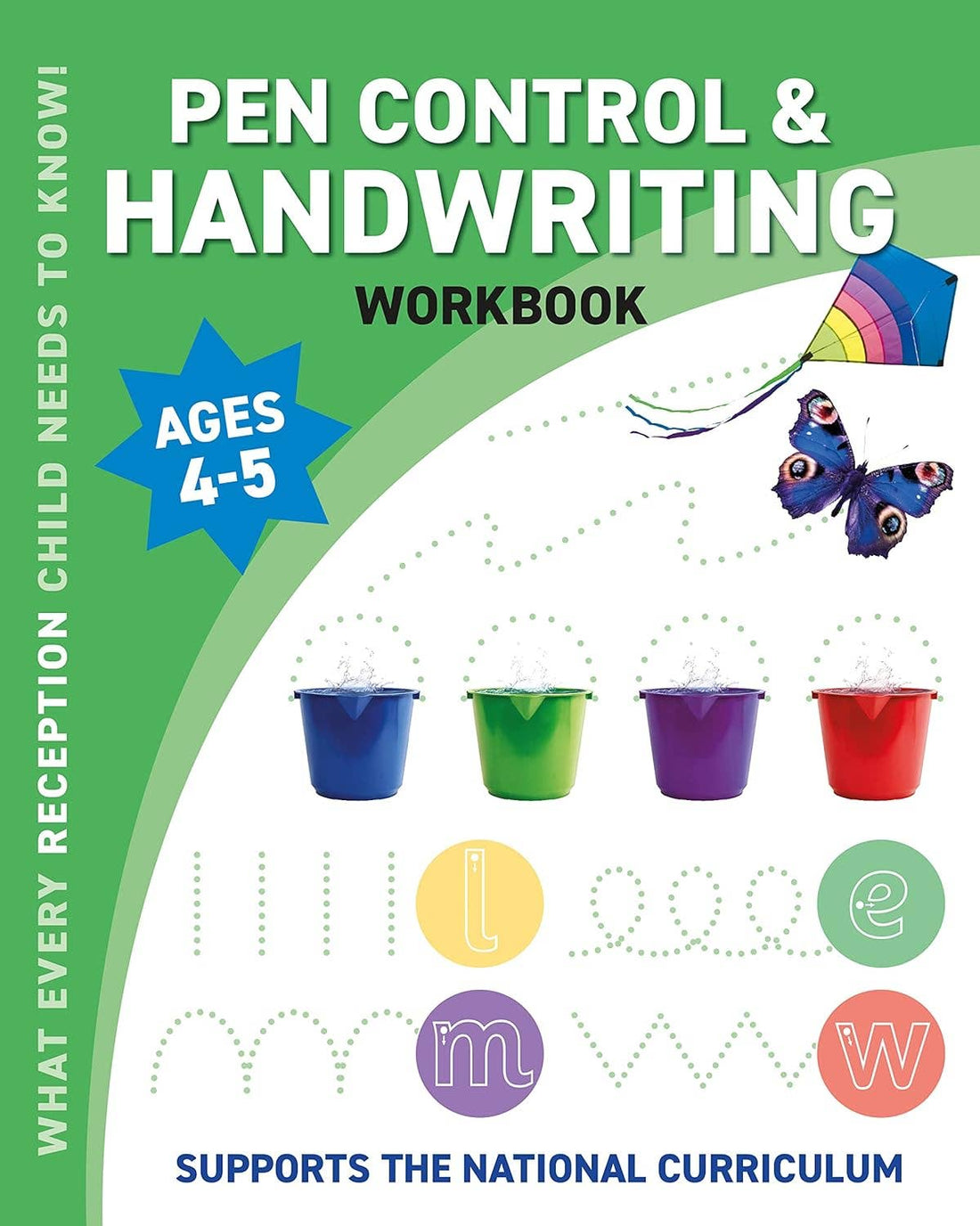 Pen control and handwriting workbook for ages 4-5 with colorful design and text.