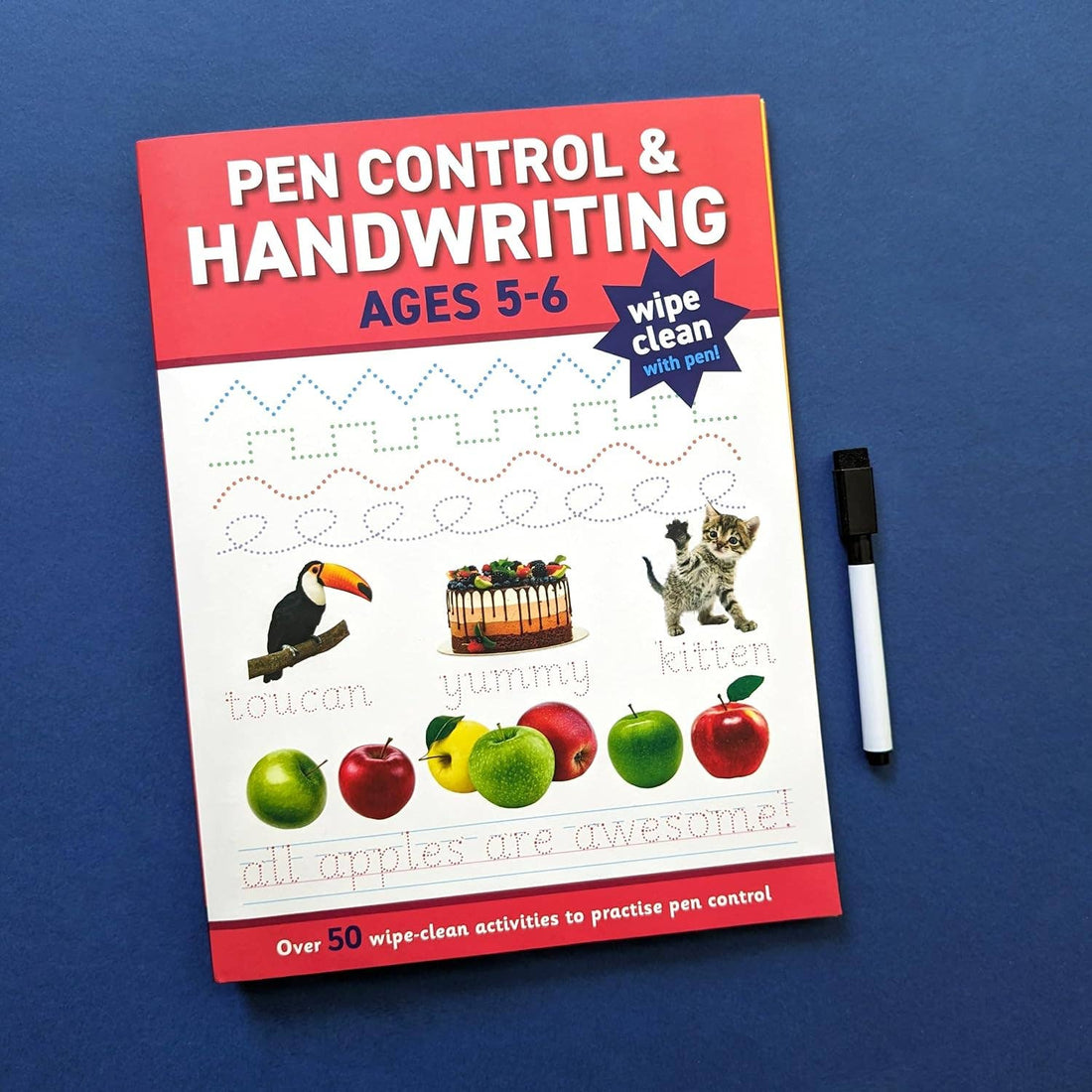Workbook for pen control and handwriting practice with colorful illustrations on a red background.