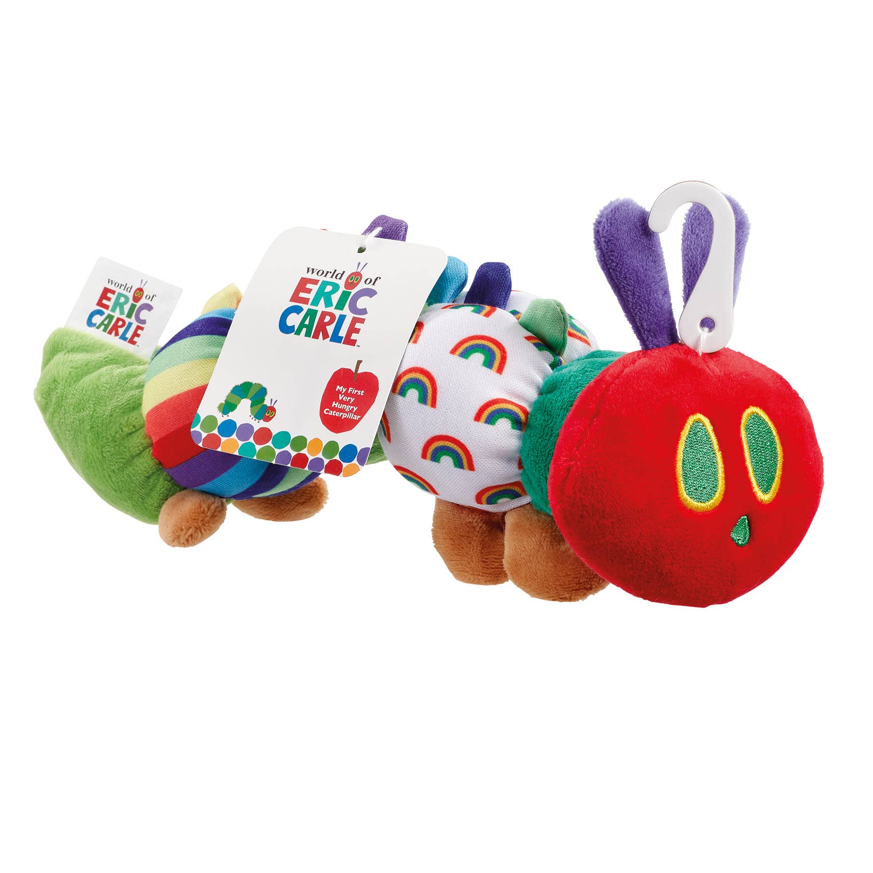 Plush toy caterpillar with colorful segments and 'World of Eric Carle' packaging on a white background