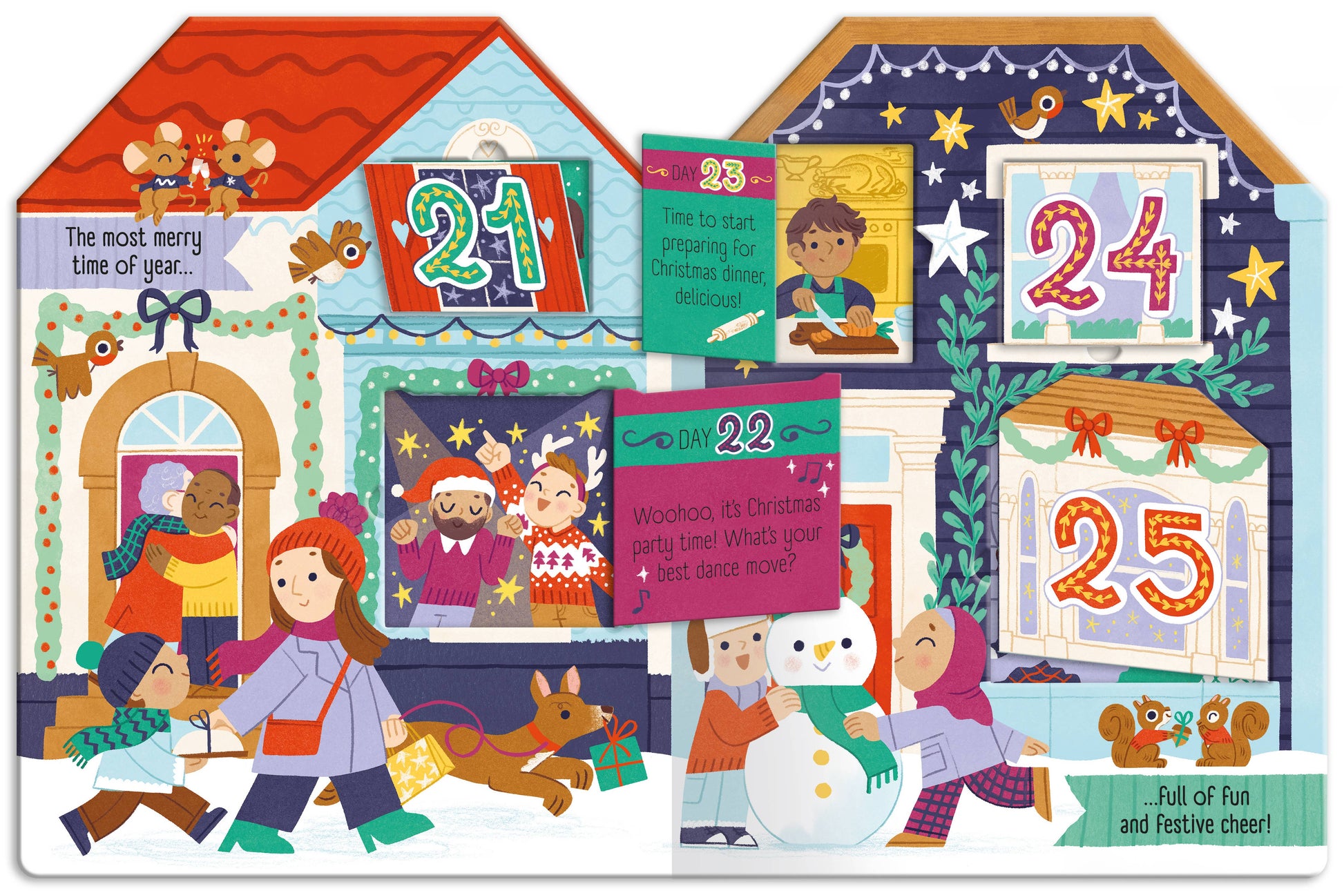 Illustrated advent calendar book with festive scenes and numbers