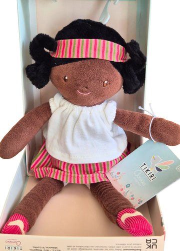 black rag doll with braids and stripy outfit