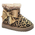 Girls leopard print boots with beige satin bow and faux fur trim