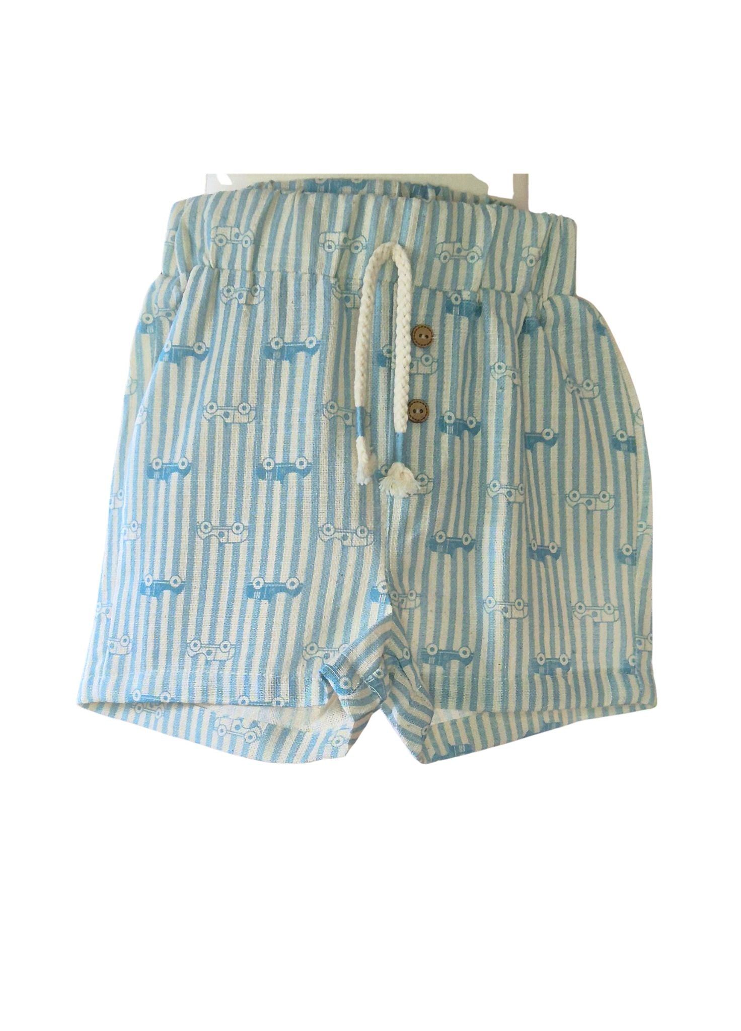 Striped shorts with a striped and classic car pattern on a white background