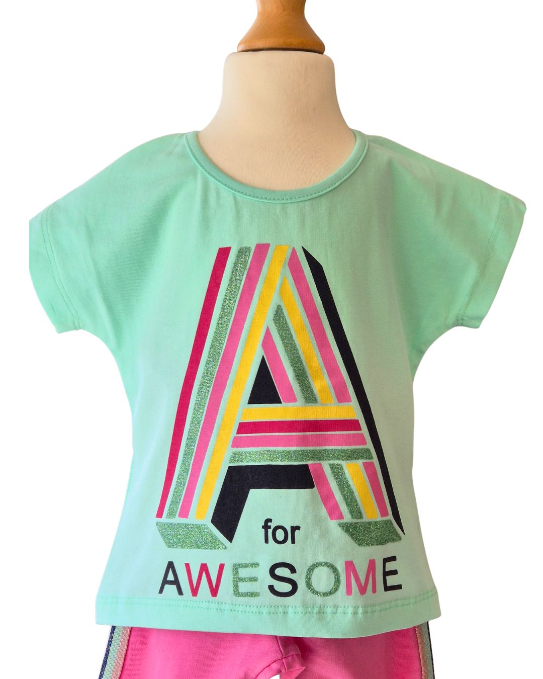 Girls glitter print t-shirt and striped leggings set