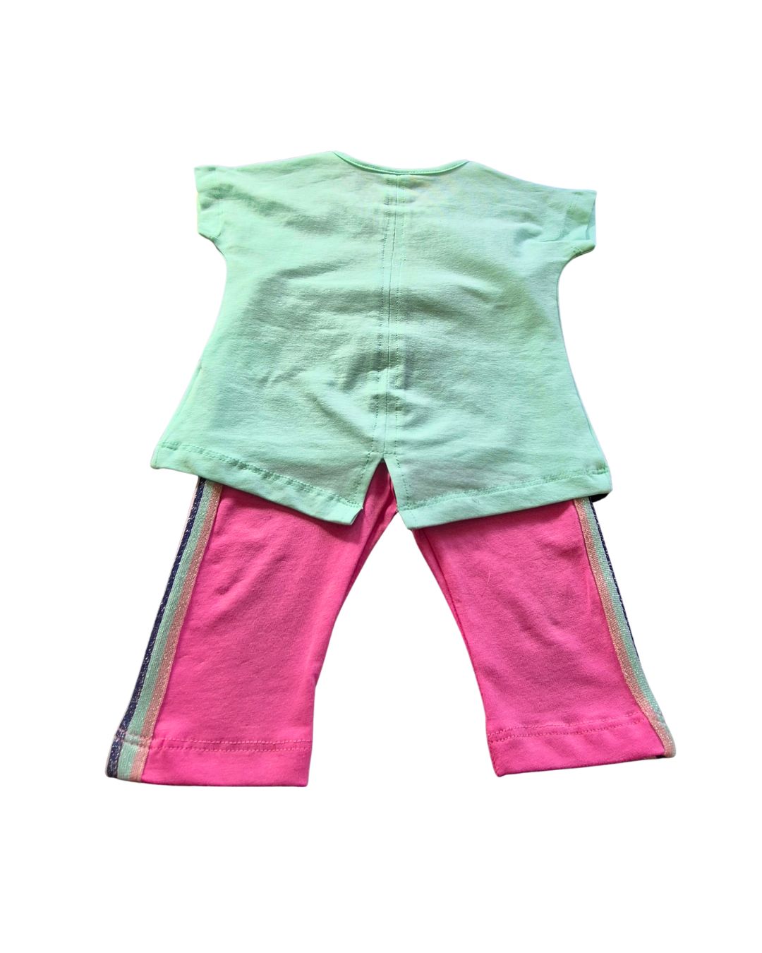 Girls casual everyday outfit mint top pink leggings back view