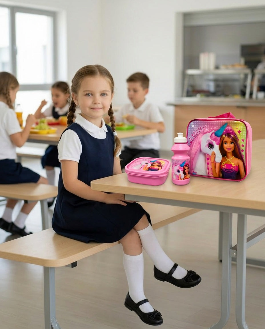 Barbie lunch bag with lunch box and bottle