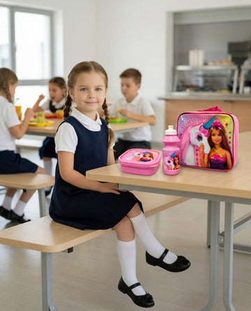 Barbie lunch bag with lunch box and bottle