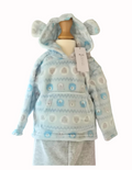 Blue bear and sheep hoodie with the hood up showing the ears on a white background