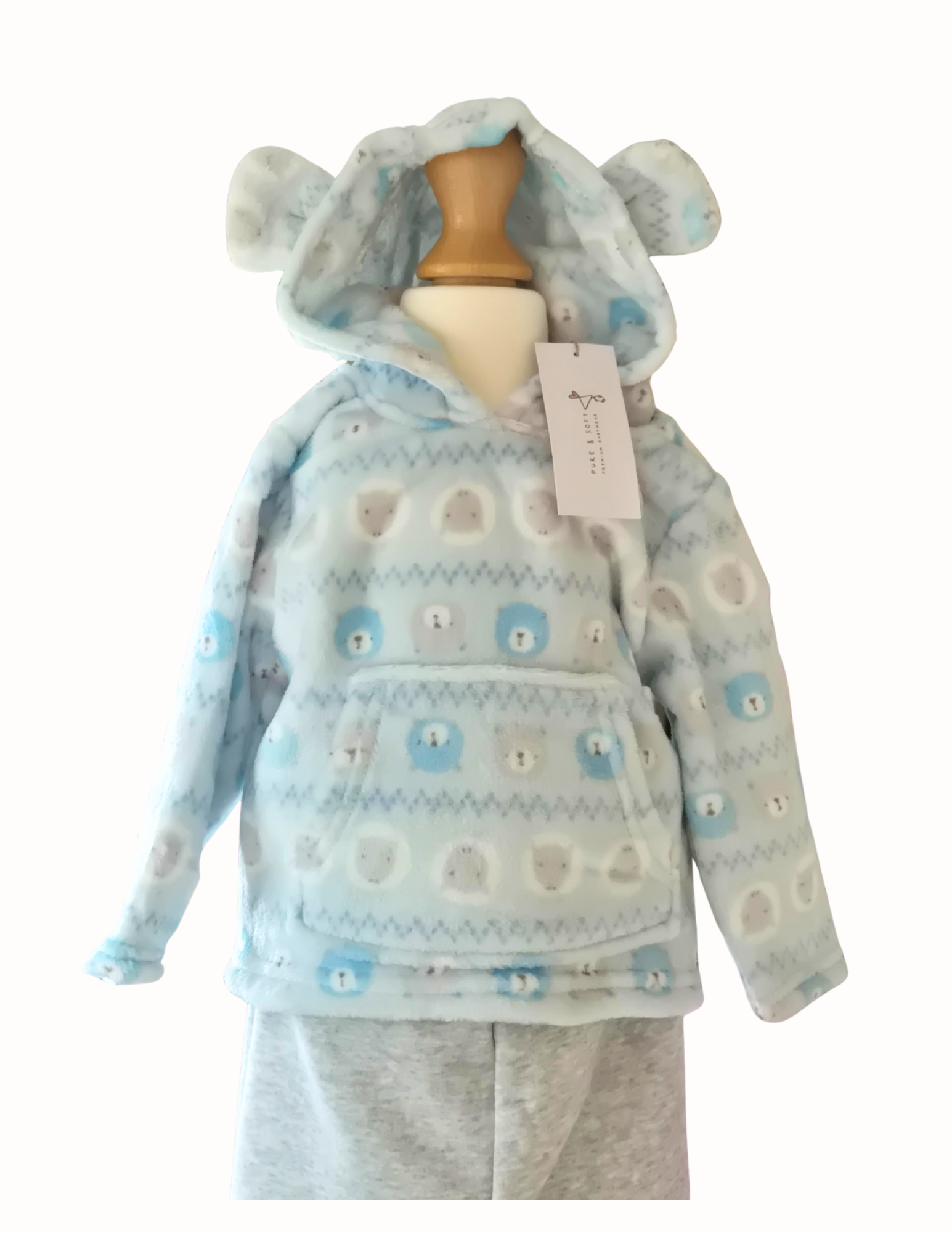 Blue bear and sheep hoodie with the hood up showing the ears on a white background