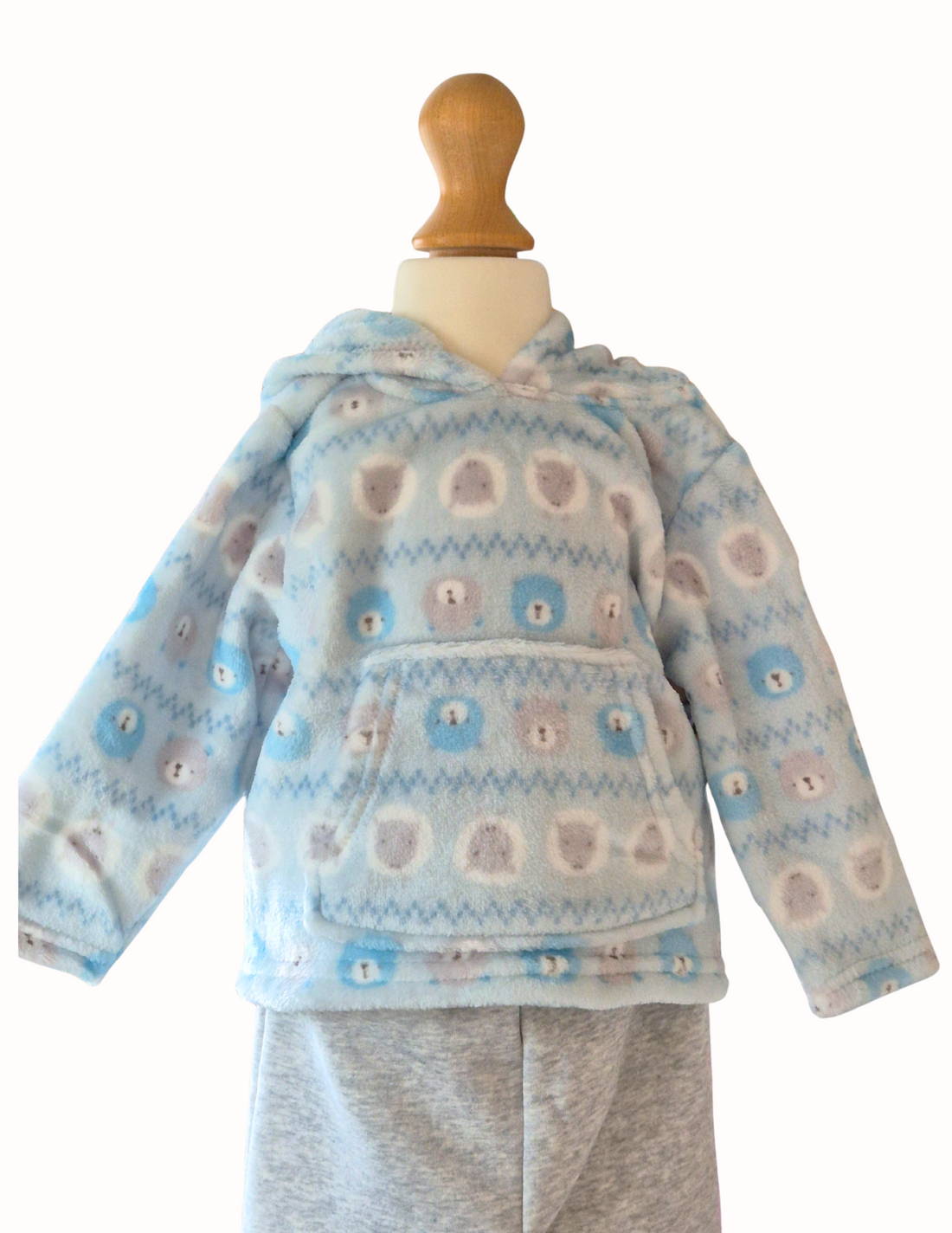 Blue bear and sheep fleece hoodie with grey joggers on a white background

