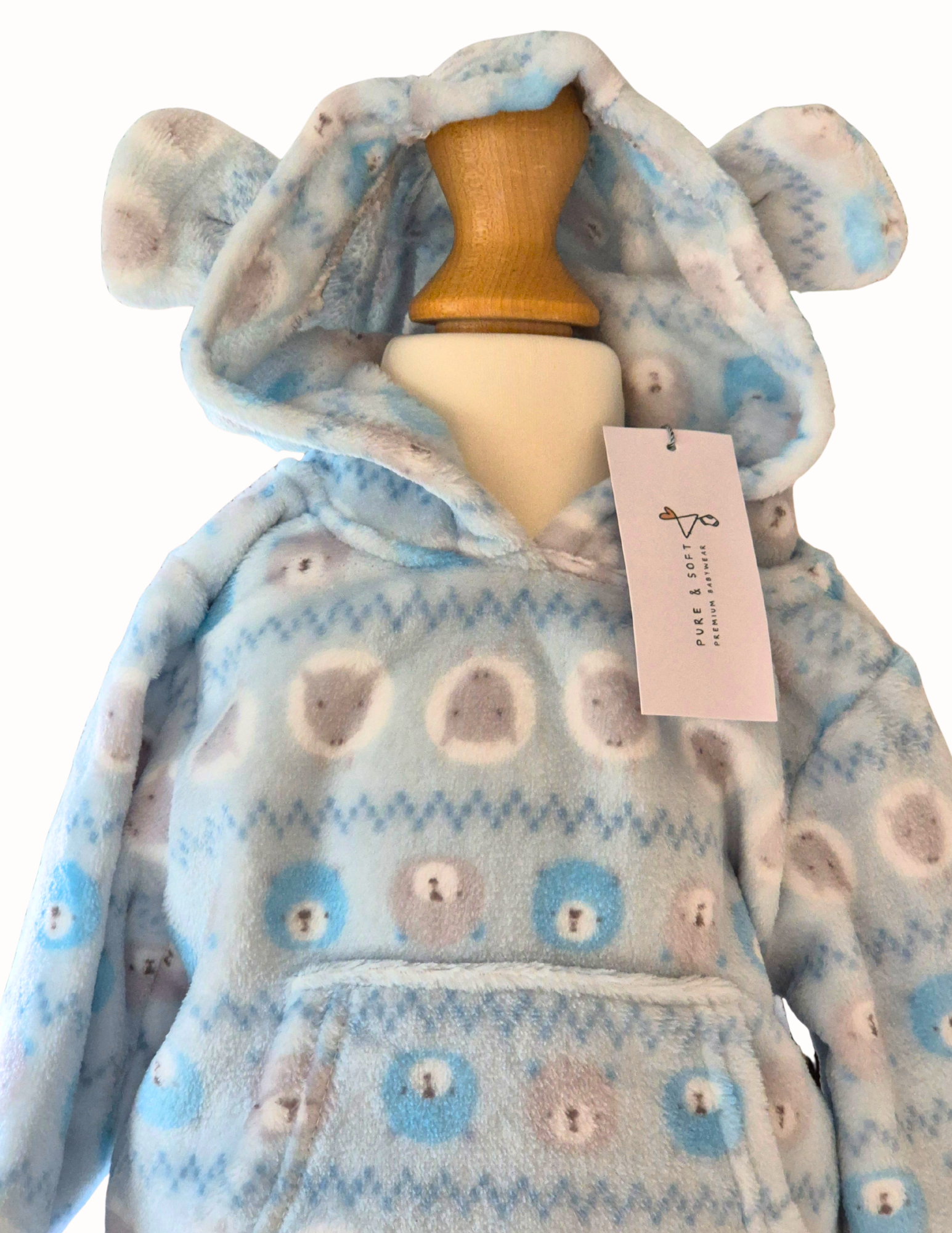 Children's blue fleece hoodie with bear pattern on a mannequin against a white background