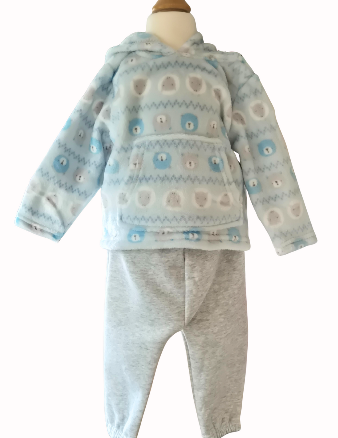 Blue bear and sheep fleece hoodie with grey joggers on a white background
